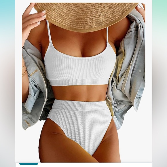 High waisted tummy control ribbed bikini crop top Brazilian swimsuit 2 piece - Picture 1 of 10